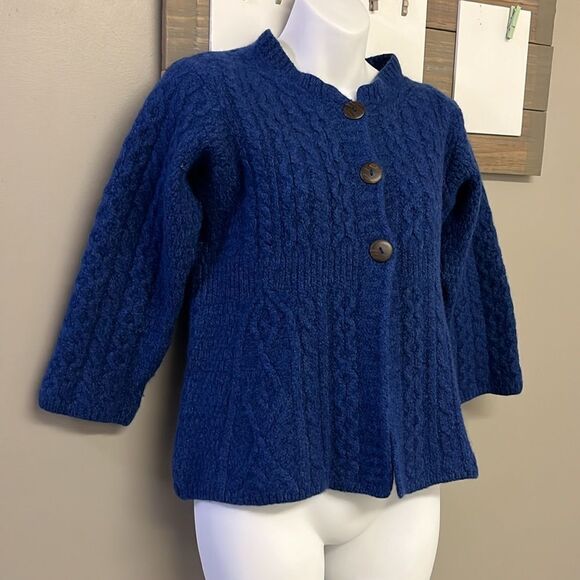 Carraigdonn Made in Ireland Blue Fit Flare Cable Knit Merino Wool Cardigan-Small - Picture 3 of 13